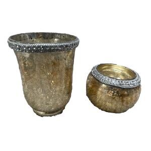 Crackle Gold Glass Tea Light Candle Holder Home Decoration Set Of 2